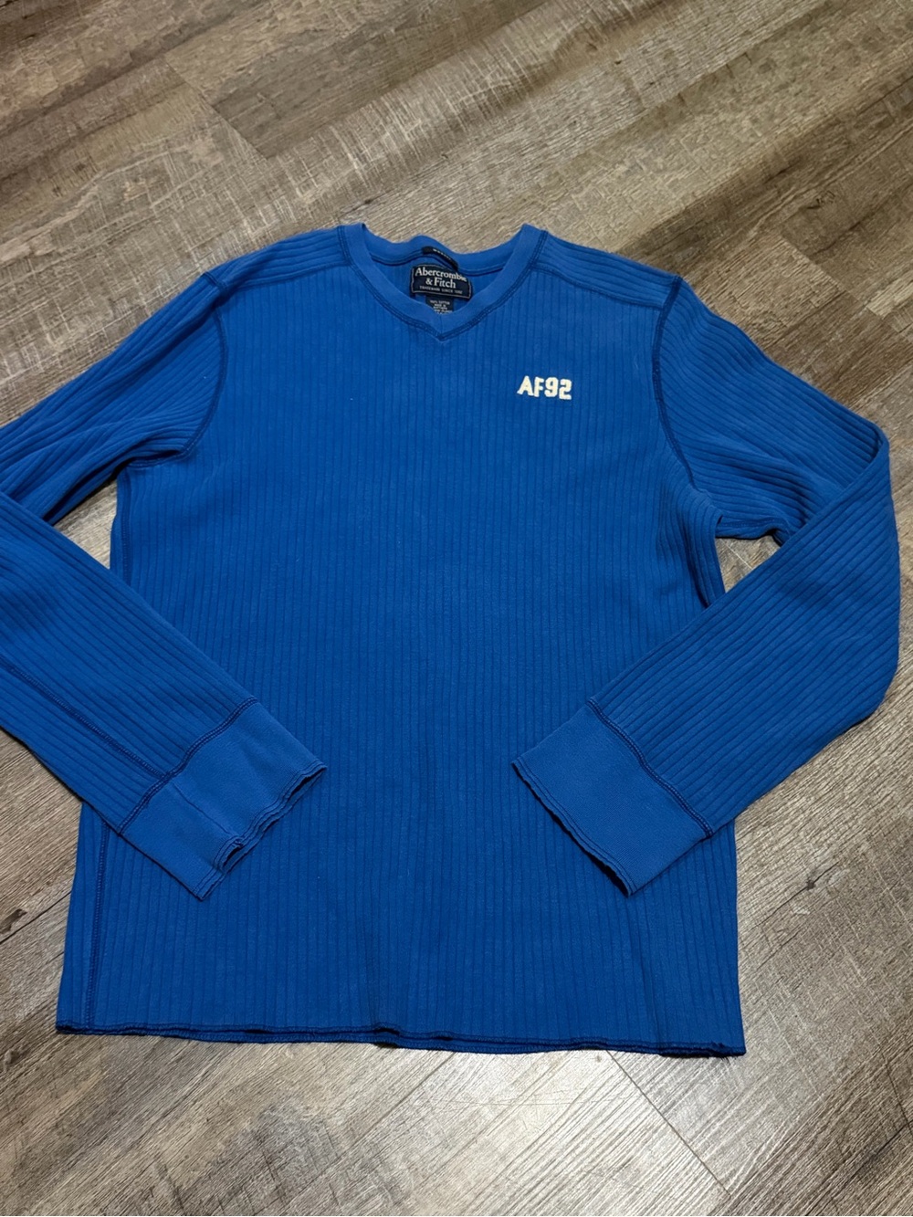 Abercrombie & Fitch Men’s Cobalt Blue Ribbed Long Sleeve Shirt - AF92 Chest Logo
